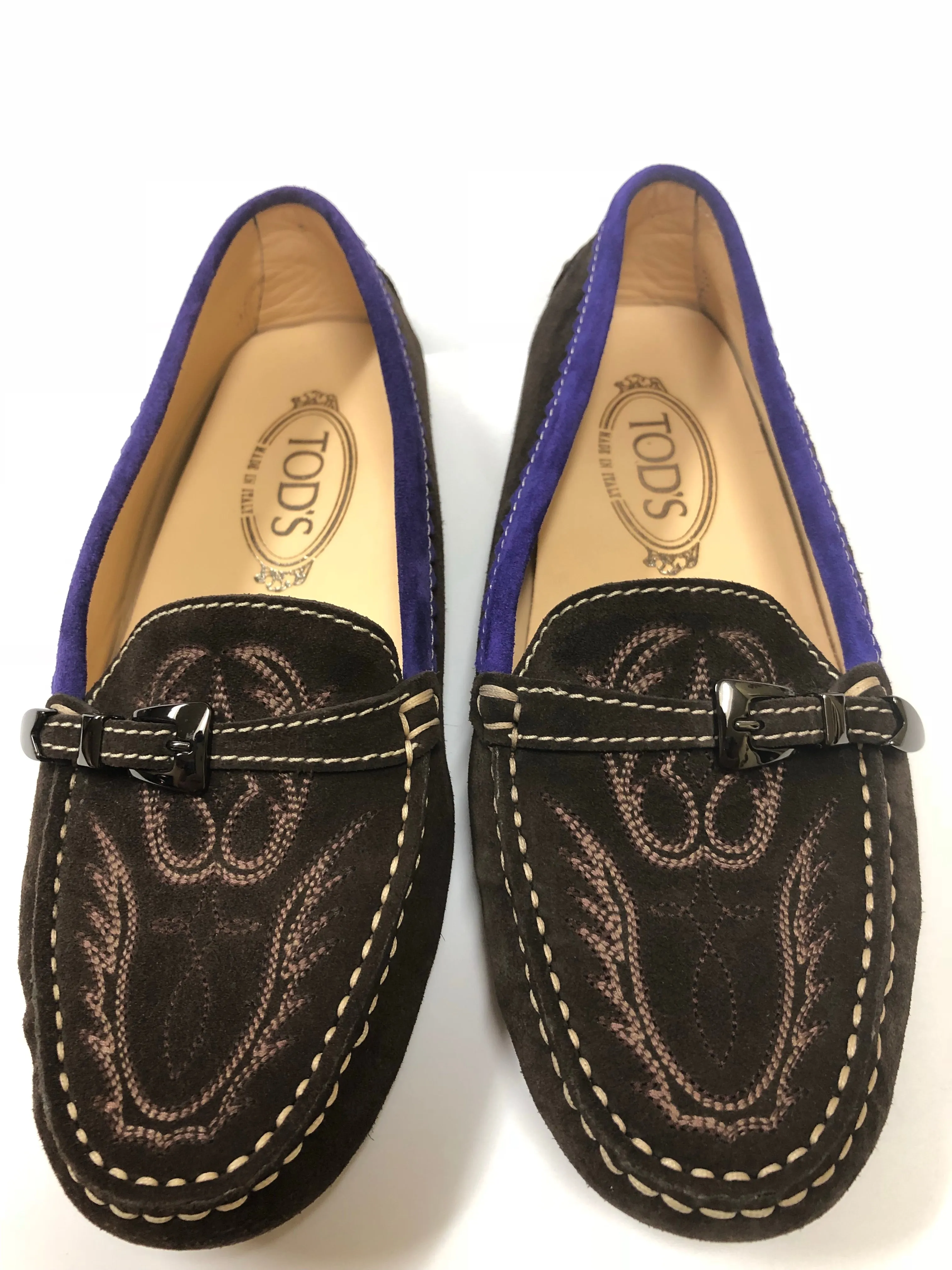 TODS GOMMINO SUEDE EMBROIDERED DRIVING LOAFERS SIZE 7.5