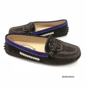 TODS GOMMINO SUEDE EMBROIDERED DRIVING LOAFERS SIZE 7.5