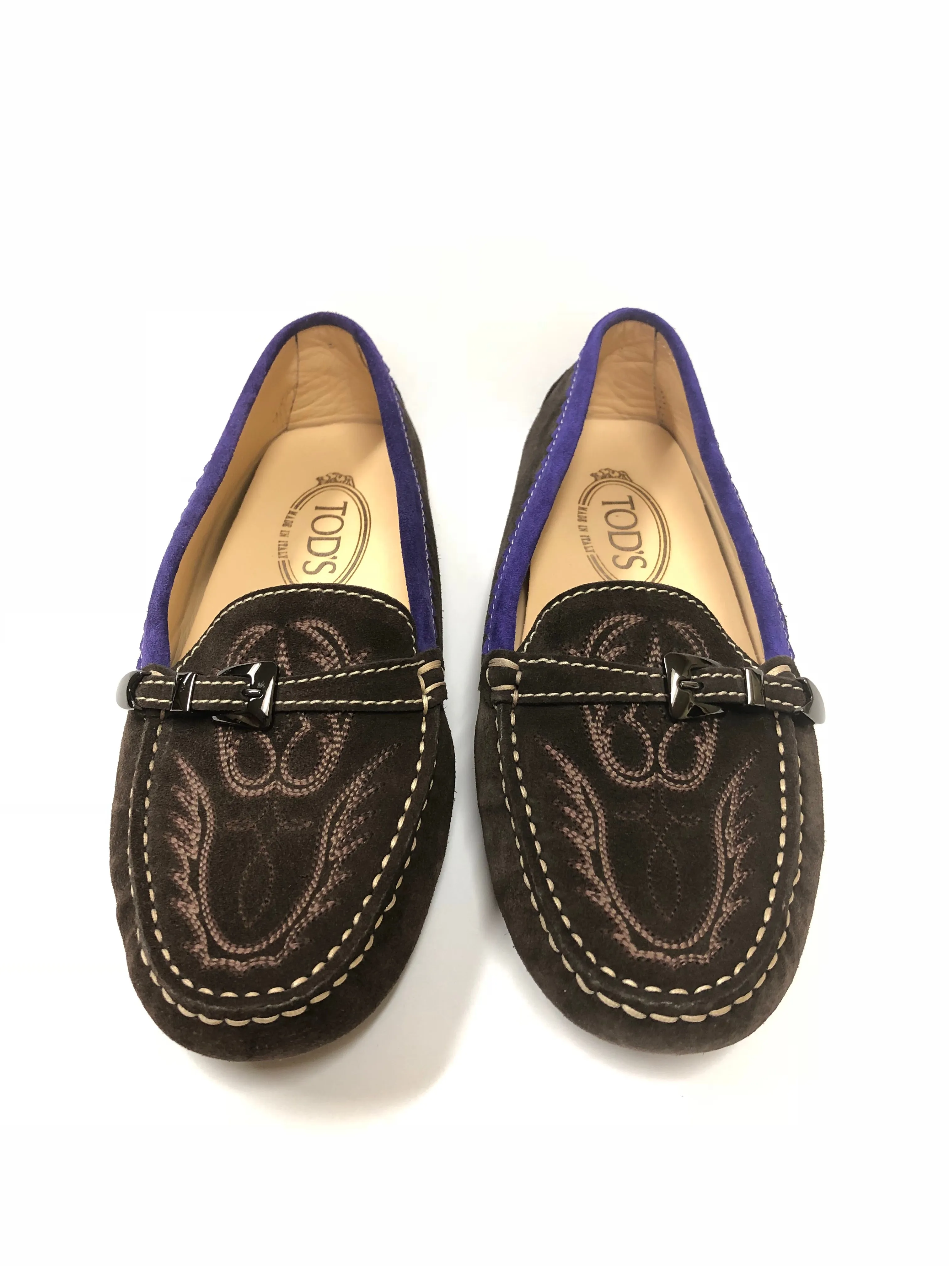 TODS GOMMINO SUEDE EMBROIDERED DRIVING LOAFERS SIZE 7.5