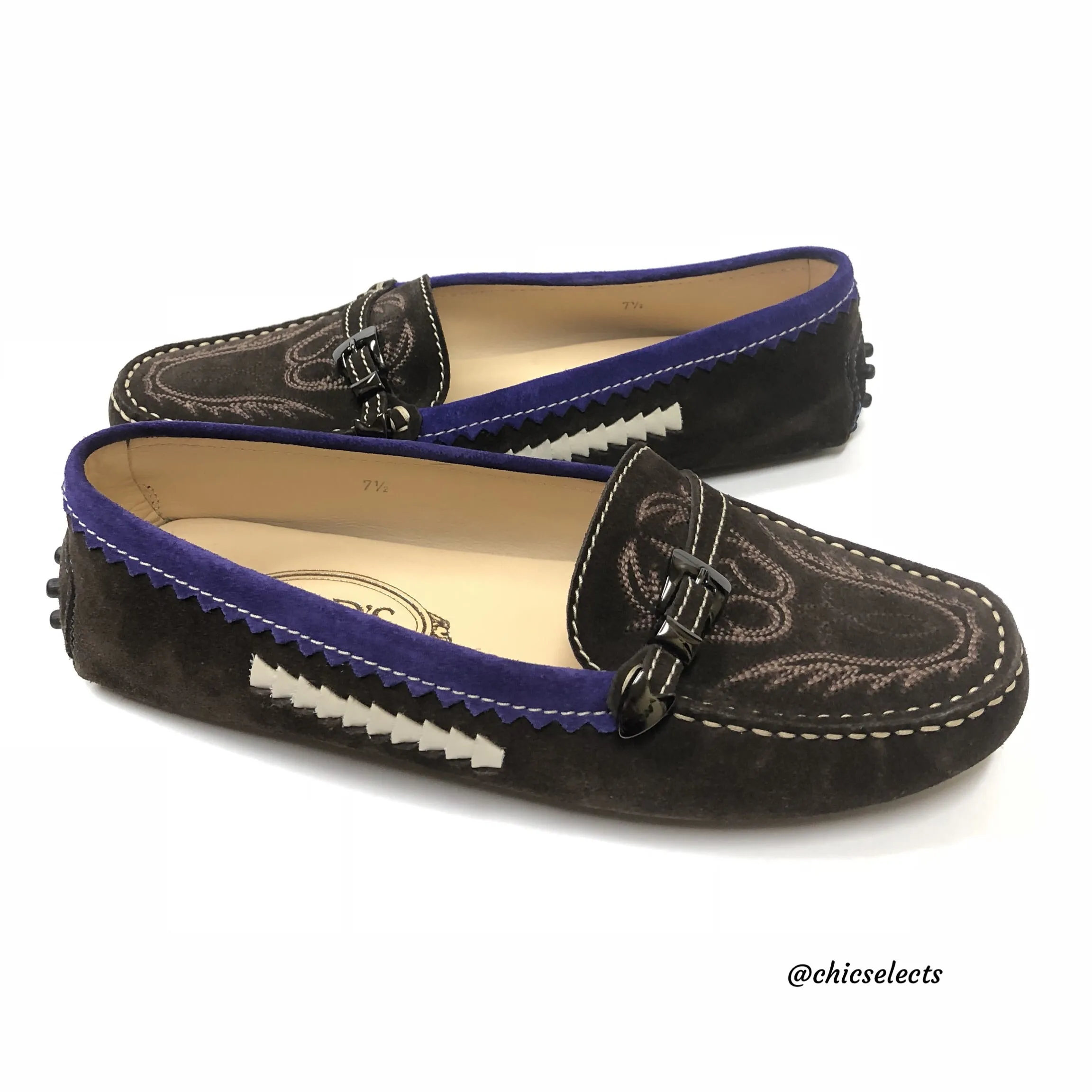 TODS GOMMINO SUEDE EMBROIDERED DRIVING LOAFERS SIZE 7.5