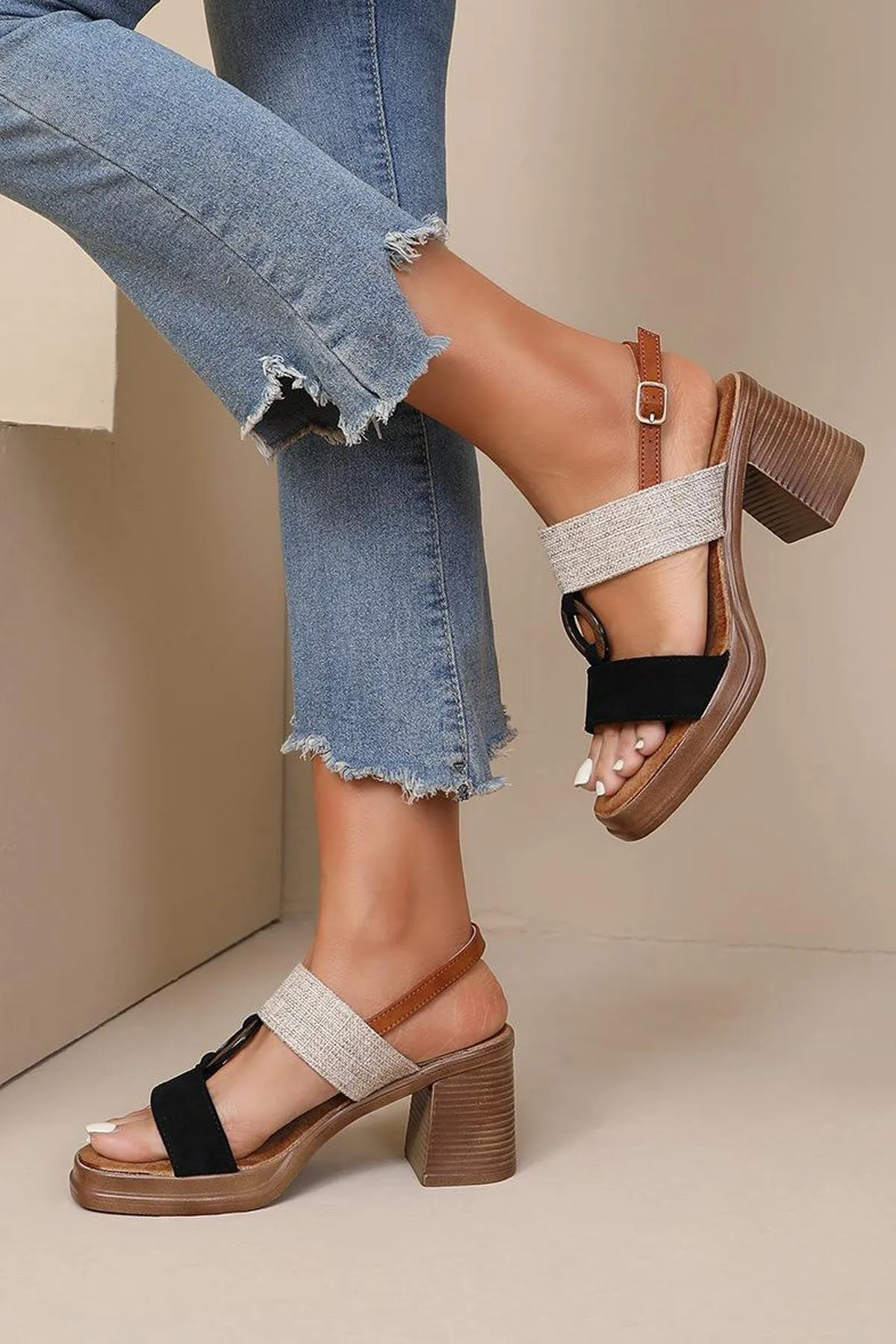 Two Tone Block Heel Sandal