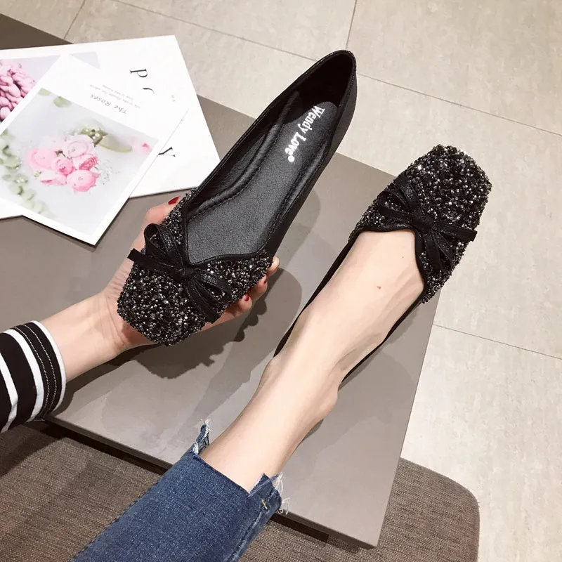 Wendy Love shoes female 2021 autumn new pattern Wedding shoes Fairy shoes Sequins gules Flat bottom Single shoes female Square head Big size Women's Shoes
