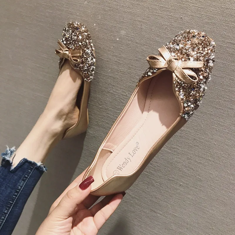 Wendy Love shoes female 2021 autumn new pattern Wedding shoes Fairy shoes Sequins gules Flat bottom Single shoes female Square head Big size Women's Shoes
