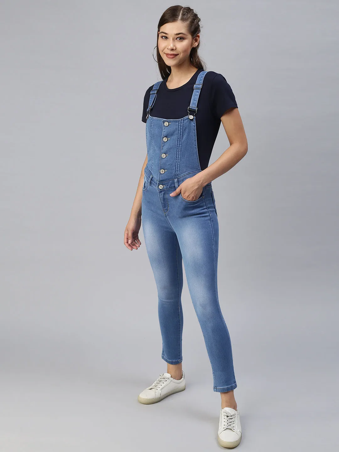 Women Blue Solid Cotton Slim-Fit Dungarees