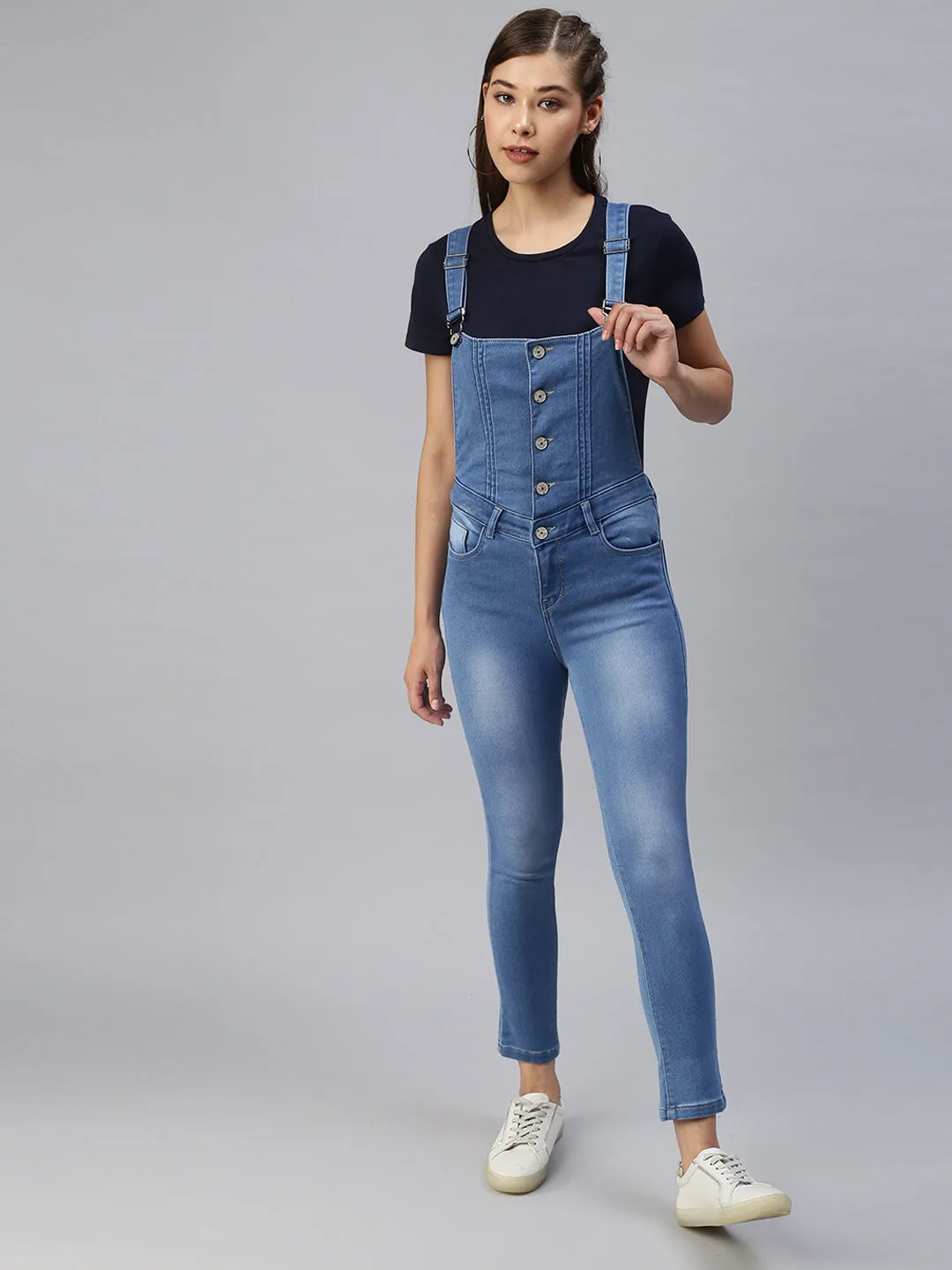 Women Blue Solid Cotton Slim-Fit Dungarees