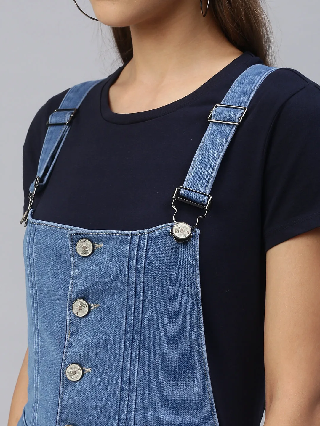 Women Blue Solid Cotton Slim-Fit Dungarees