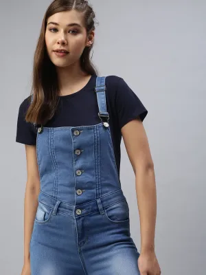 Women Blue Solid Cotton Slim-Fit Dungarees