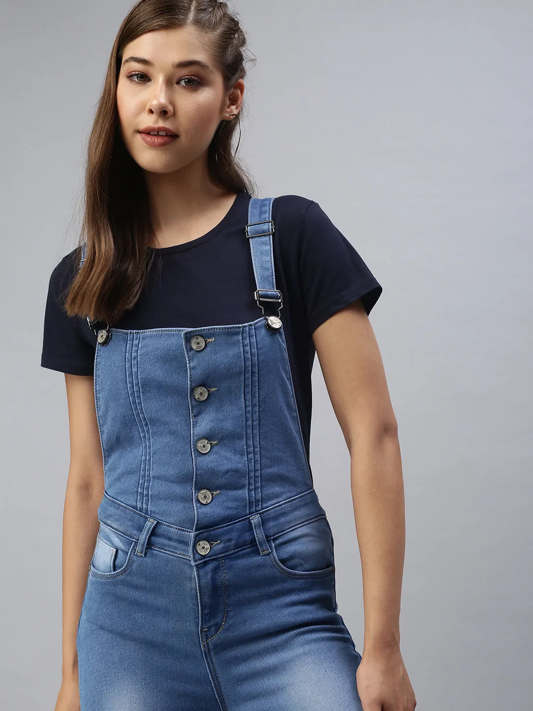 Women Blue Solid Cotton Slim-Fit Dungarees