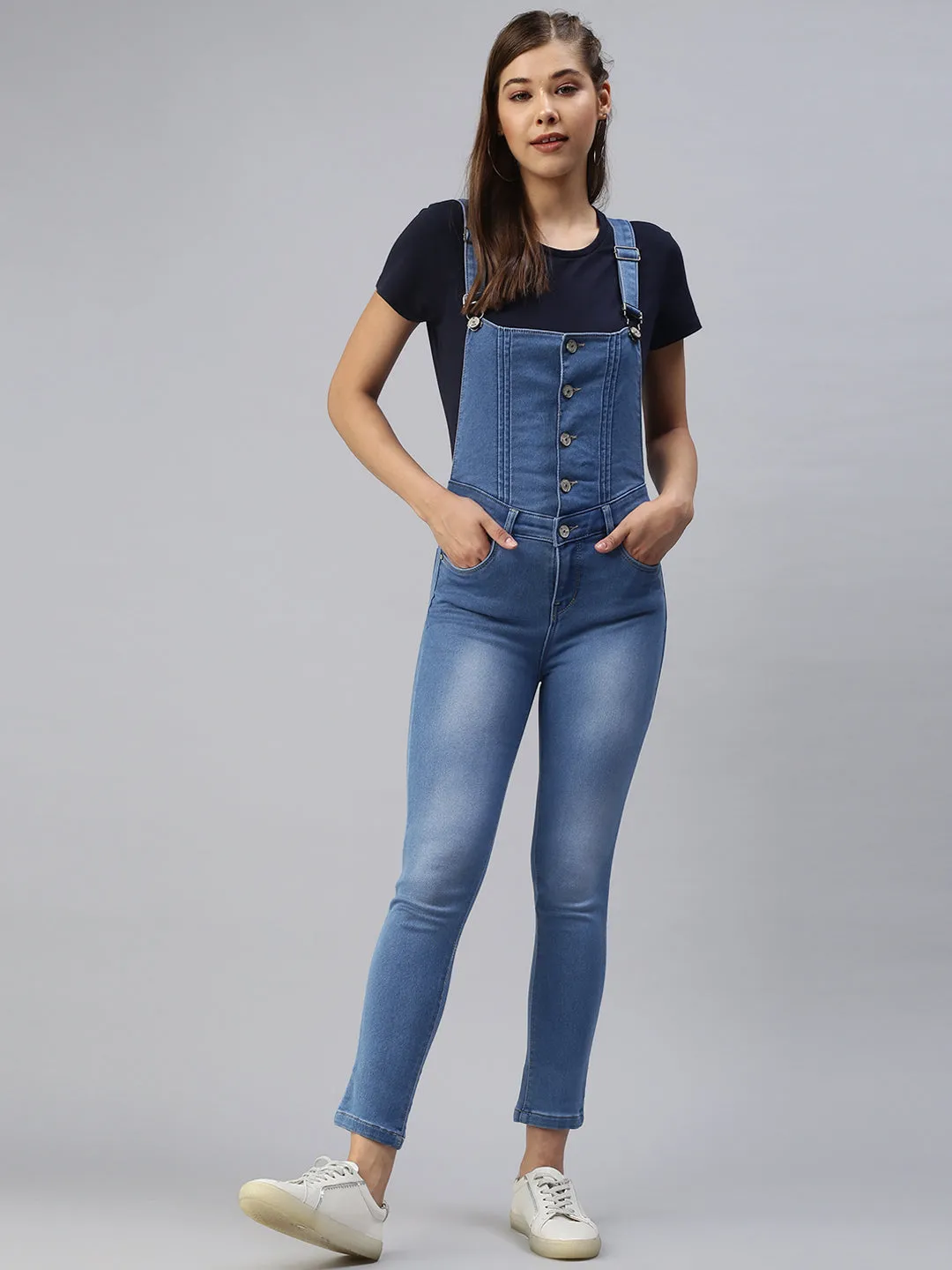 Women Blue Solid Cotton Slim-Fit Dungarees
