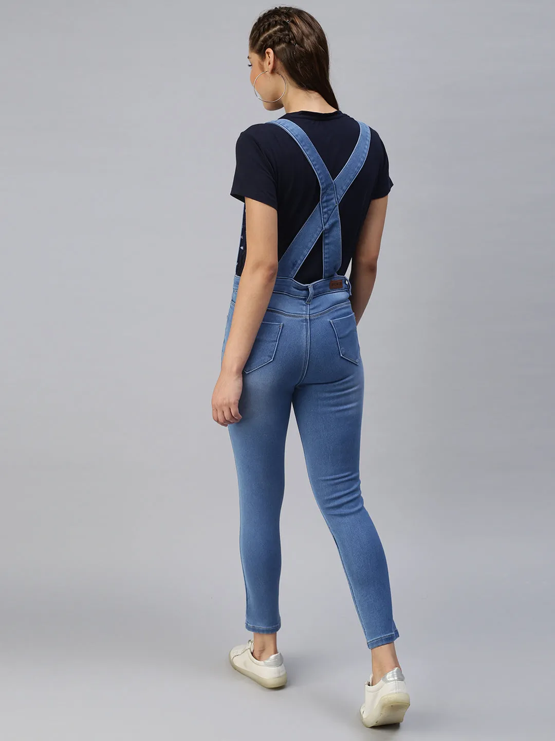 Women Blue Solid Cotton Slim-Fit Dungarees