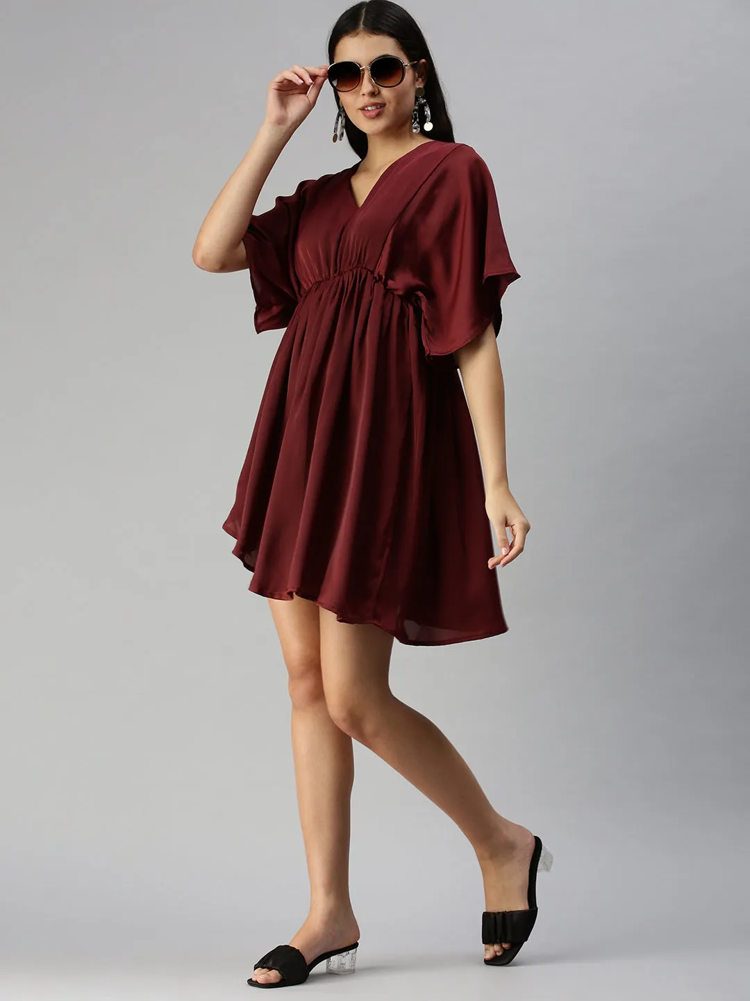 Women Maroon Crepe A-Line Dress