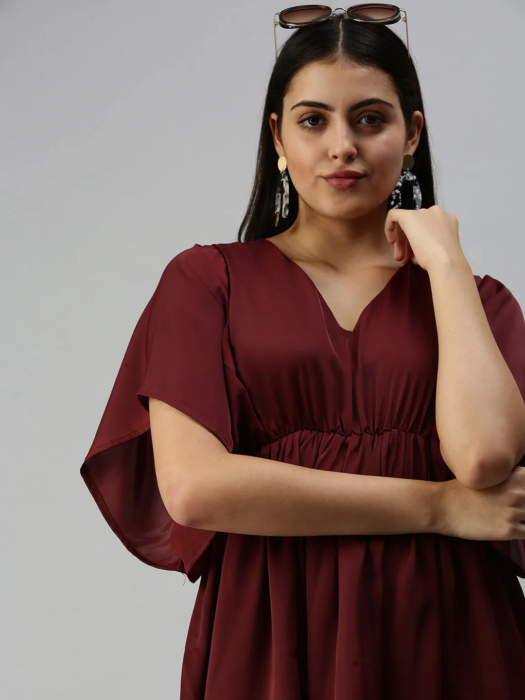 Women Maroon Crepe A-Line Dress