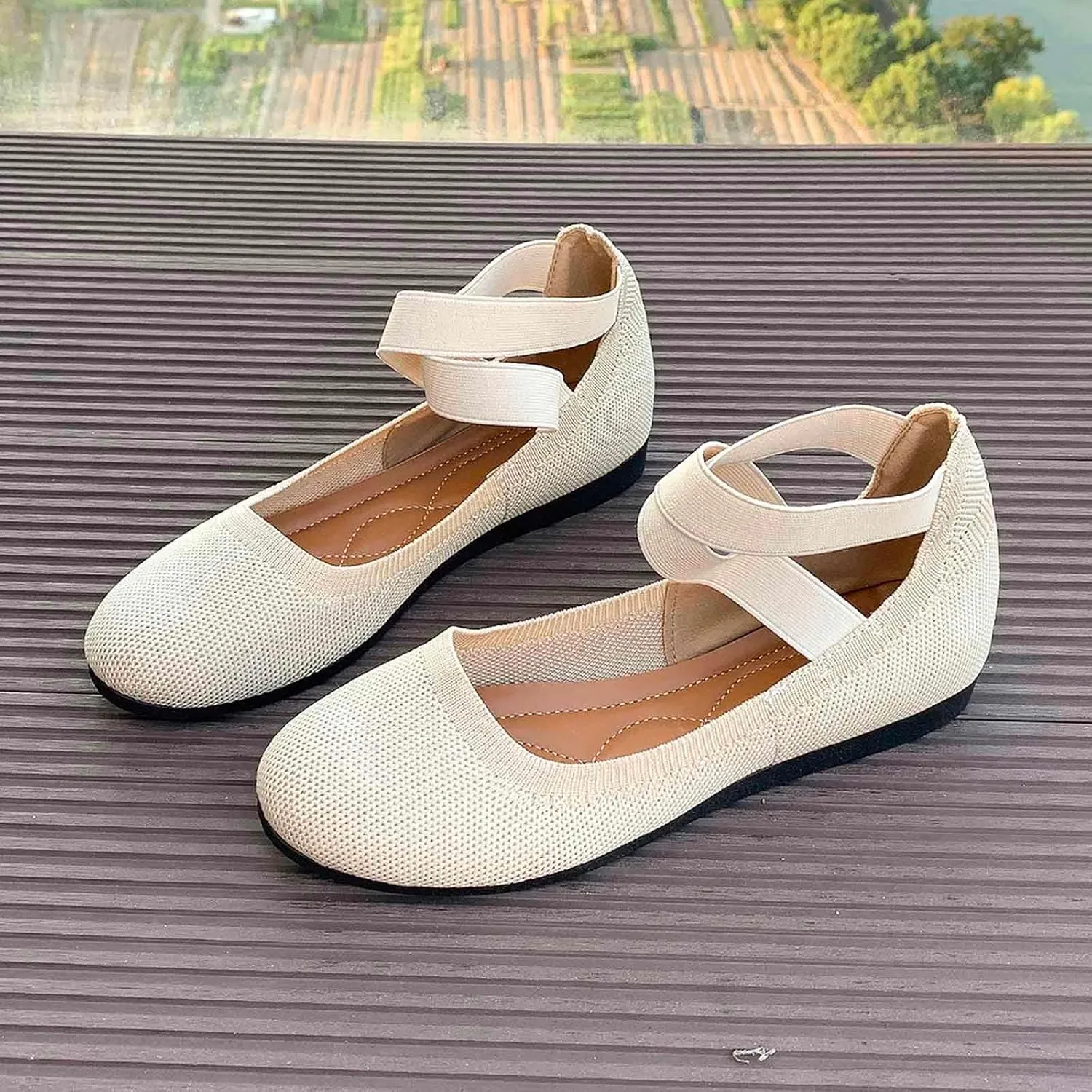 Women's Casual Ballet with Elastic Straps Comfortable Round Toe Slip On Shoes for Daily Wear Dressy Outfits