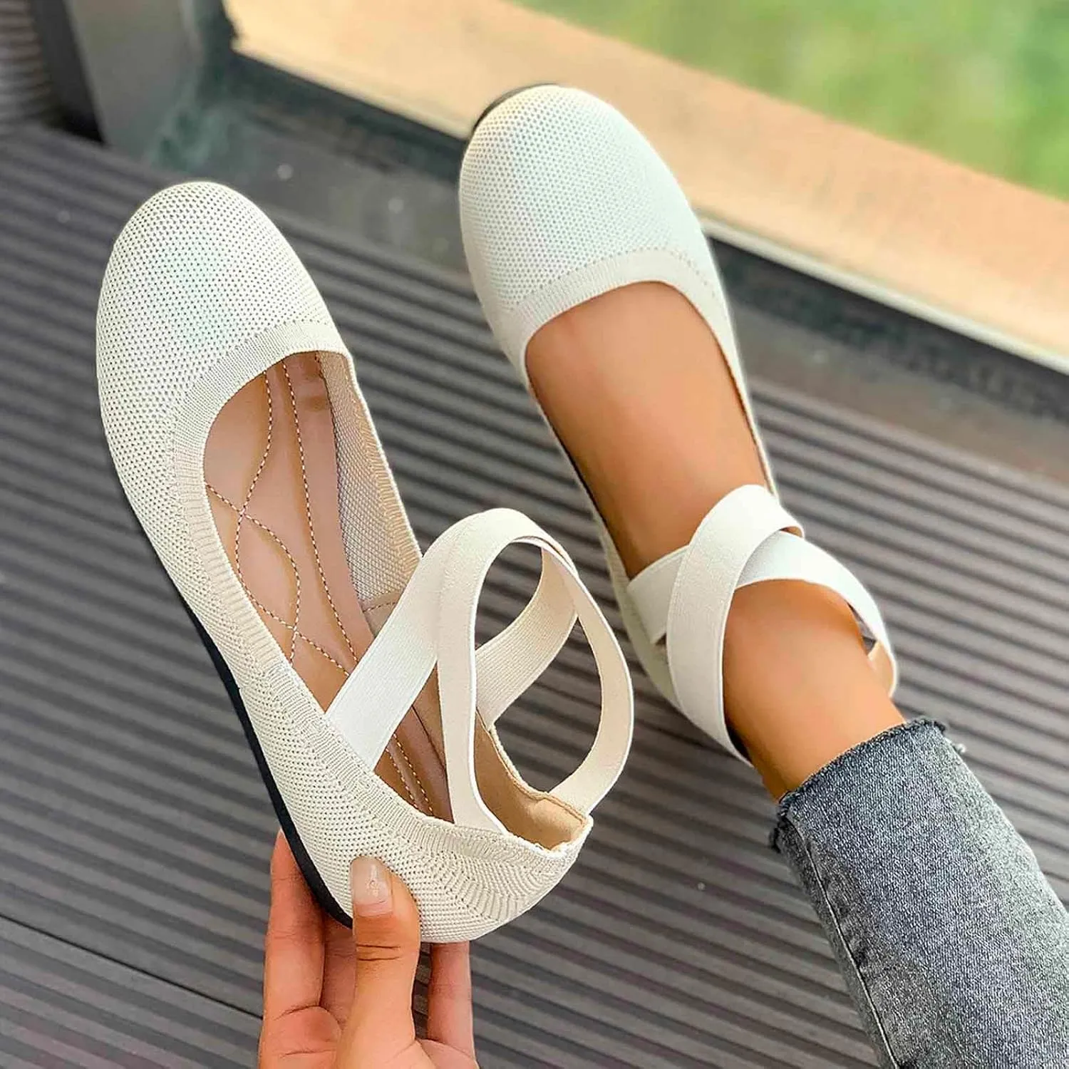 Women's Casual Ballet with Elastic Straps Comfortable Round Toe Slip On Shoes for Daily Wear Dressy Outfits