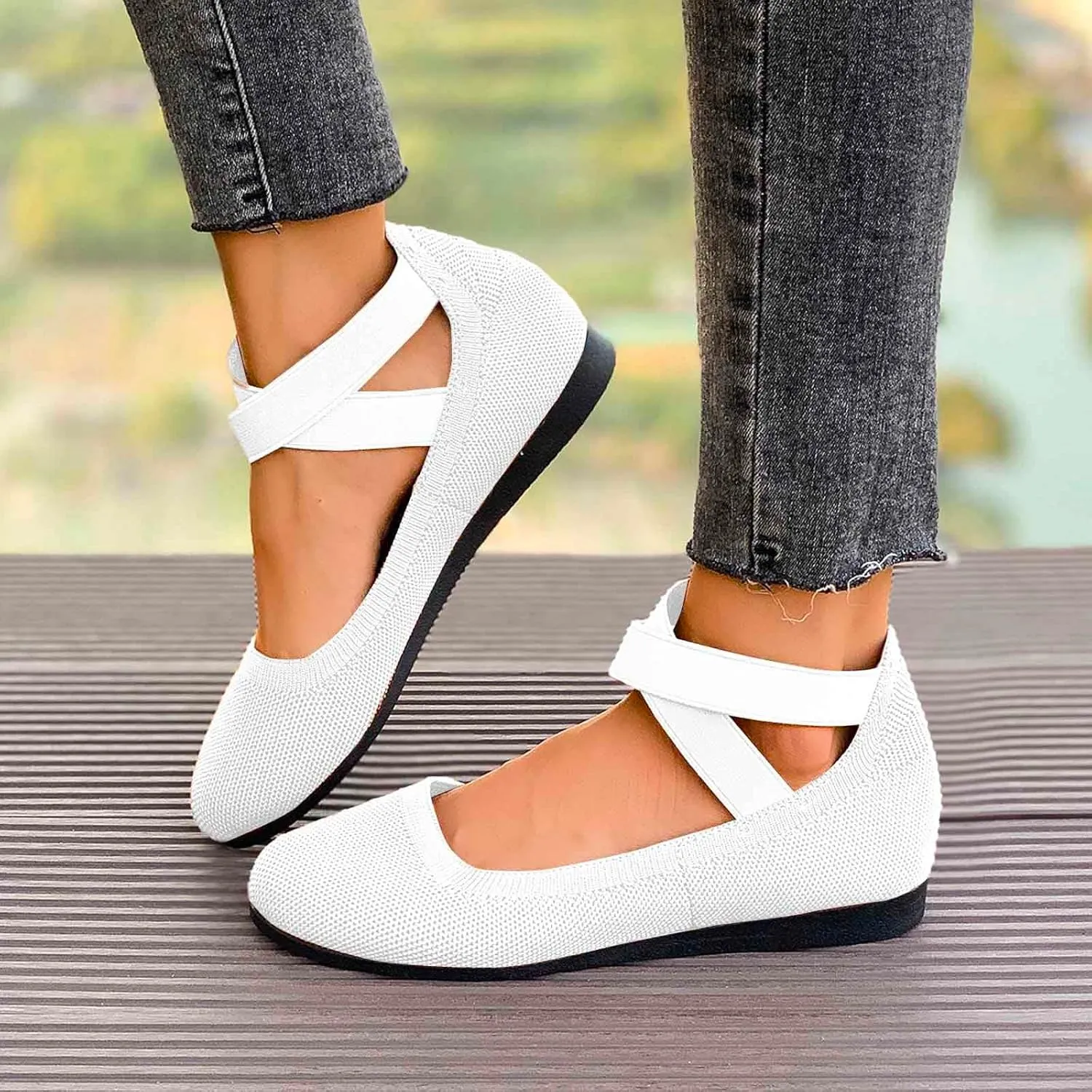 Women's Casual Ballet with Elastic Straps Comfortable Round Toe Slip On Shoes for Daily Wear Dressy Outfits